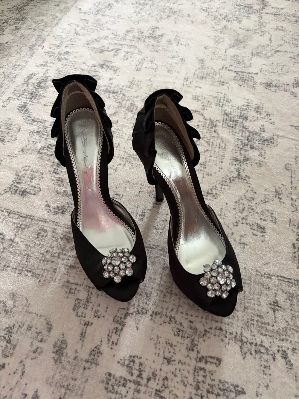 Black Satin Peep-Toe Heels with Crystal Brooch Accent